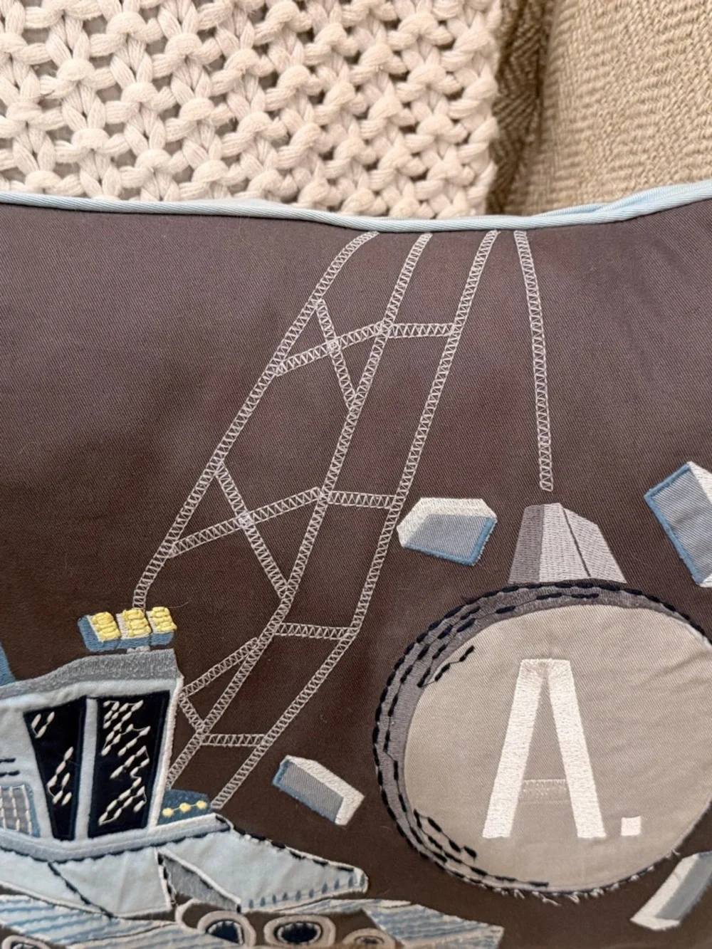 Pottery Barn Kids Construction Pillow 🔹Monogram A🔹Gray Blue Excavator